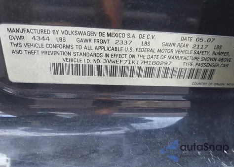 2007 Volkswagen Jetta Wolfsburg Edition из США, поврежденный, VIN 3VWEF71K17M180297